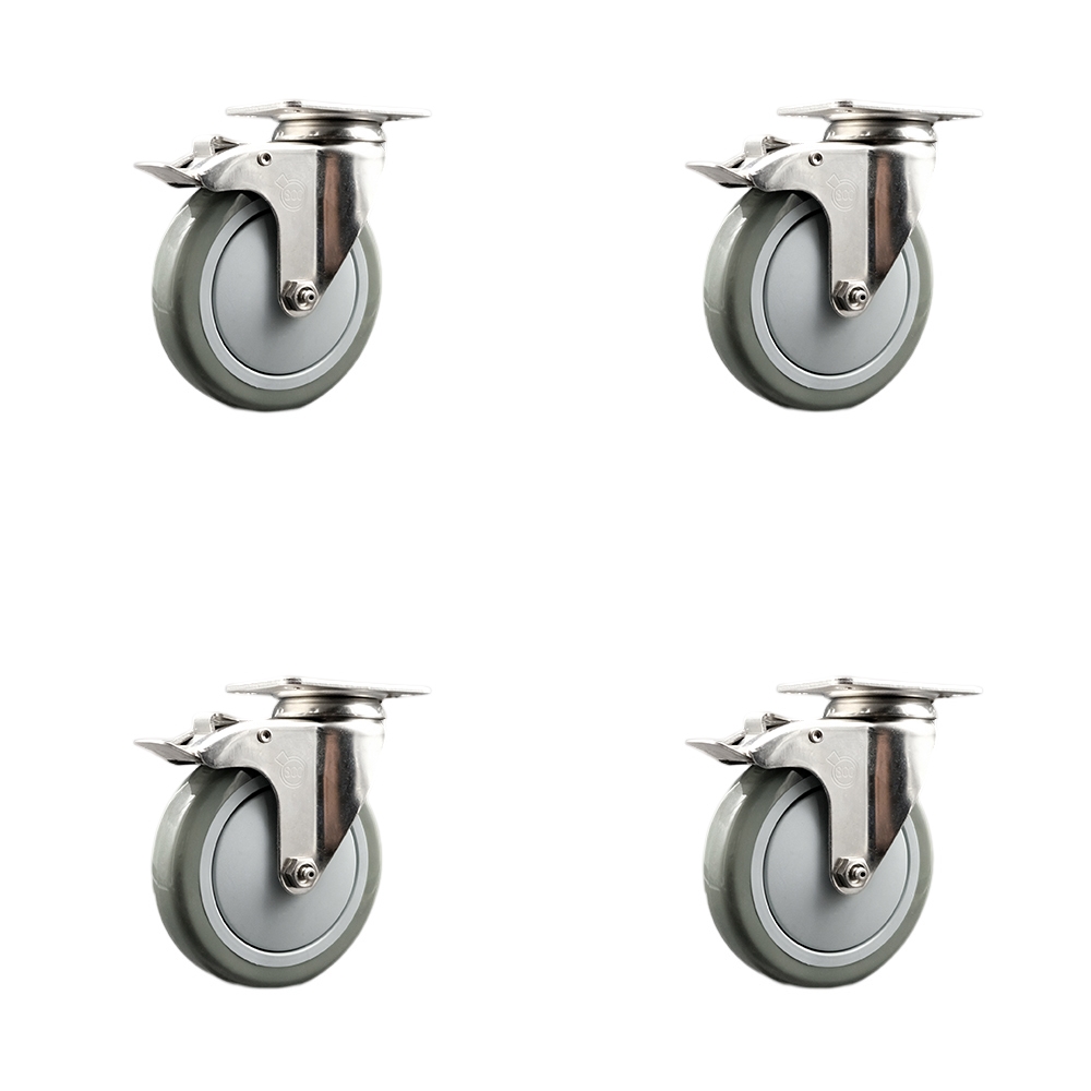 Polyurethane Swivel Top Plate Caster Set of 4 with 5 Inch Gray Caster Wheels-316 Stainless Steel Caster- Includes 4 Swivel Casters with Total Lock Brake-1,400 lbs. Total Capacity- Service Caster Brand — photo 1