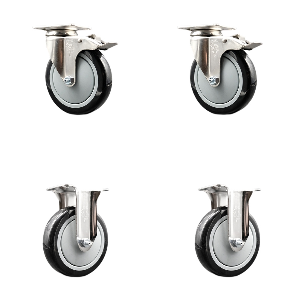 Polyurethane Swivel Top Plate Caster Set of 4 with 5 Inch Black Caster Wheels - 316 Stainless Steel Casters - Includes 2 Swivel with Total Lock Brakes and 2 Rigid - Service Caster Brand — photo 1