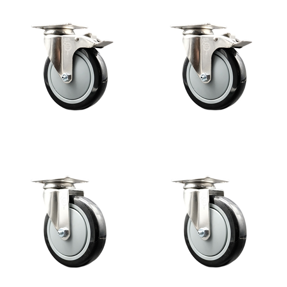 Polyurethane Swivel Top Plate Caster Set of 4 with 5 Inch Black Caster Wheels - 316 Stainless Steel Casters - Includes 2 Swivel with Total Lock Brakes and 2 Swivel - Service Caster Brand — photo 1