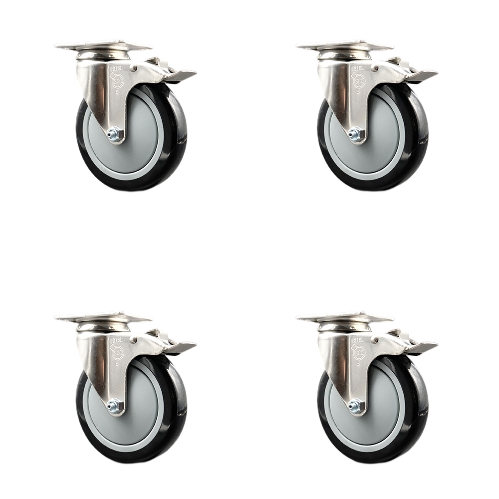 Polyurethane Swivel Top Plate Caster Set of 4 with 5 Inch Black Caster Wheels-316 Stainless Steel Caster- Includes 4 Swivel Casters with Total Lock Brake-1,400 lbs. Total Capacity-Service Caster Brand — photo 1