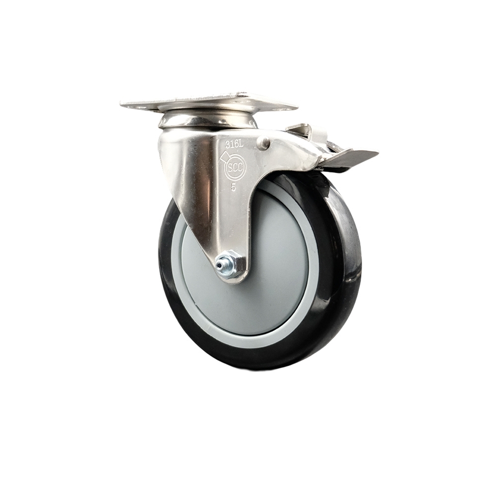 Polyurethane Swivel Top Plate Caster with 5 Inch Black Caster Wheel and Total Lock Brake - 316 Stainless Steel Caster - 350 lbs. Capacity Per Caster - Service Caster Brand — photo 1