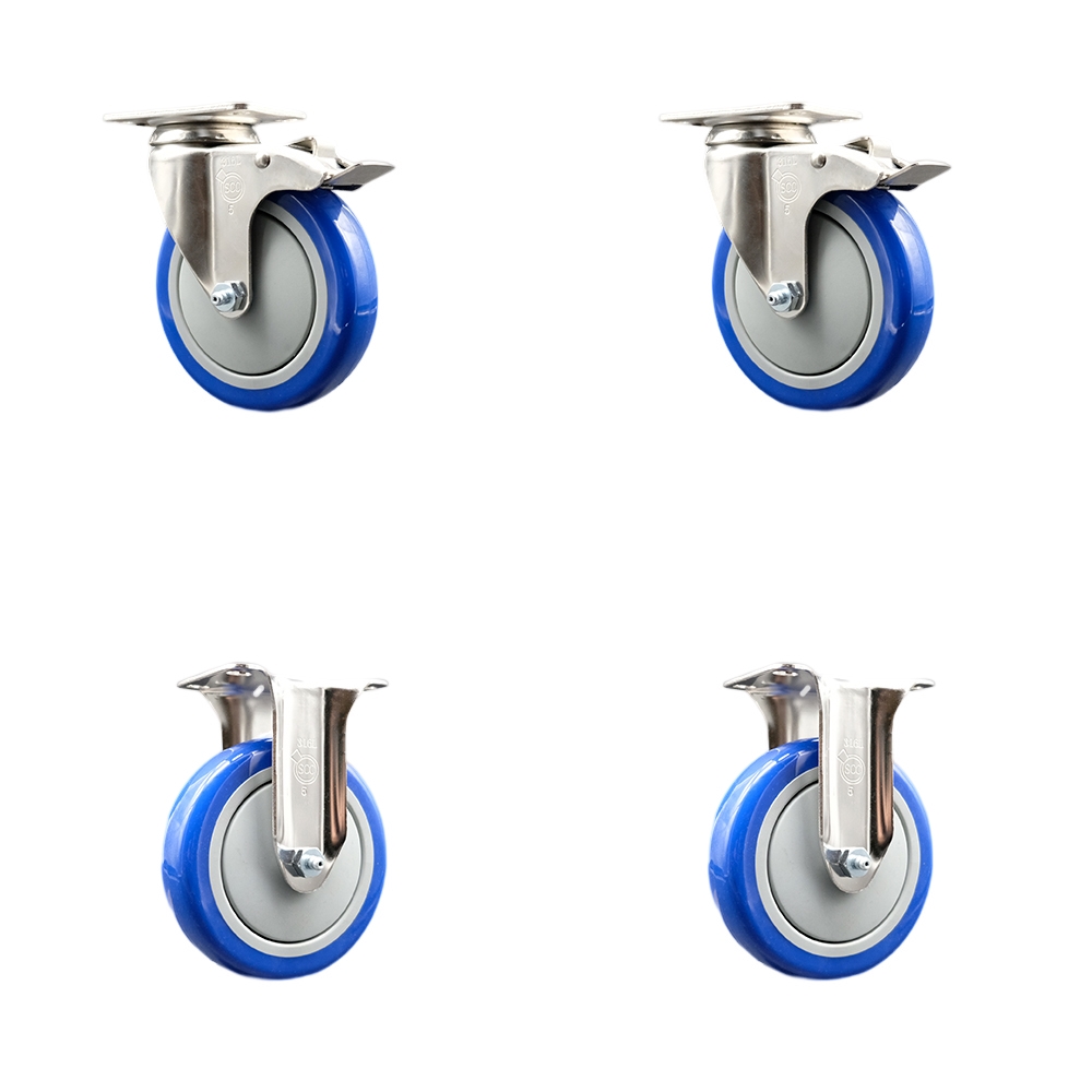 Polyurethane Swivel Top Plate Caster Set of 4 with 5 Inch Blue Caster Wheels - 316 Stainless Steel Casters - Includes 2 Swivel with Total Lock Brakes and 2 Rigid - Service Caster Brand — photo 1