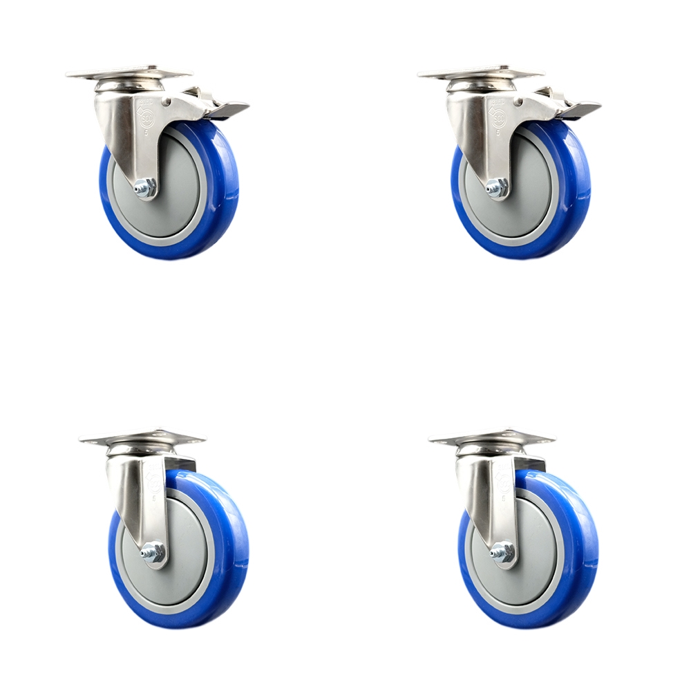 Polyurethane Swivel Top Plate Caster Set of 4 with 5 Inch Blue Caster Wheels - 316 Stainless Steel Casters - Includes 2 Swivel with Total Lock Brakes and 2 Swivel - Service Caster Brand — photo 1