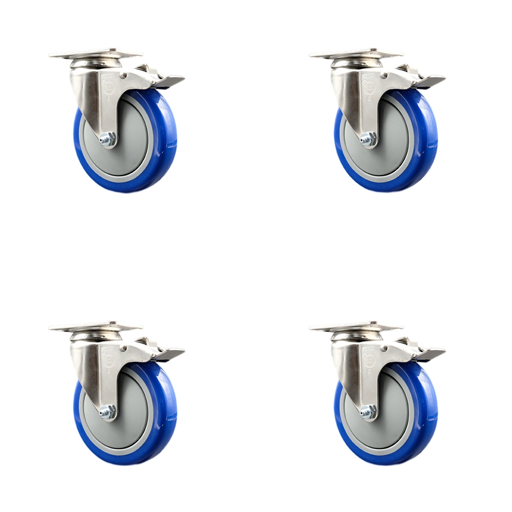 Polyurethane Swivel Top Plate Caster Set of 4 with 5 Inch Blue Caster Wheels-316 Stainless Steel Caster- Includes 4 Swivel Casters with Total Lock Brake-1,400 lbs. Total Capacity- Service Caster Brand — photo 1