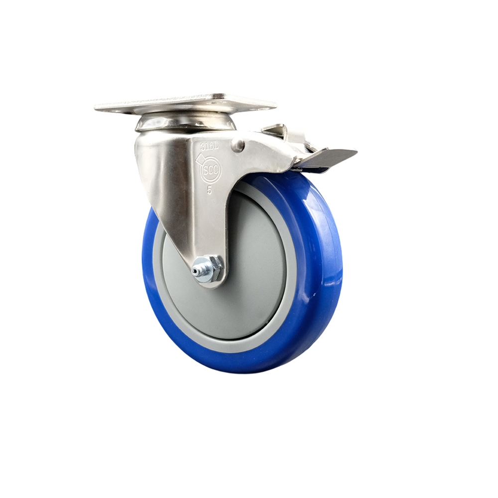 Polyurethane Swivel Top Plate Caster with 5 Inch Blue Caster Wheel and Total Lock Brake - 316 Stainless Steel Caster - 350 lbs. Capacity Per Caster - Service Caster Brand — photo 1