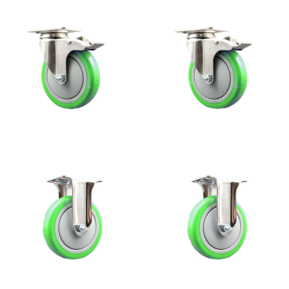 Polyurethane Swivel Top Plate Caster Set of 4 with 5 Inch Green Caster Wheels - 316 Stainless Steel Casters - Includes 2 Swivel with Total Lock Brakes and 2 Rigid - Service Caster Brand — photo 1