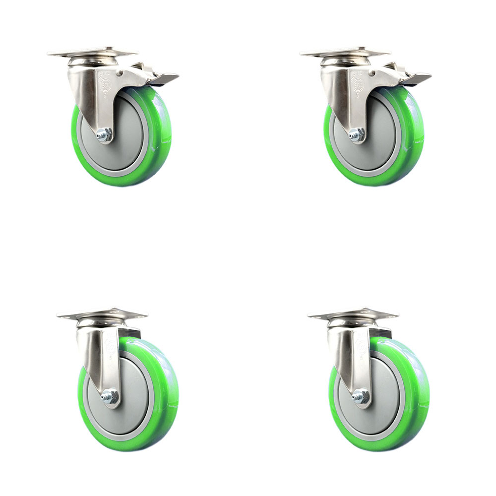 Polyurethane Swivel Top Plate Caster Set of 4 with 5 Inch Green Caster Wheels - 316 Stainless Steel Casters - Includes 2 Swivel with Total Lock Brakes and 2 Swivel - Service Caster Brand — photo 1