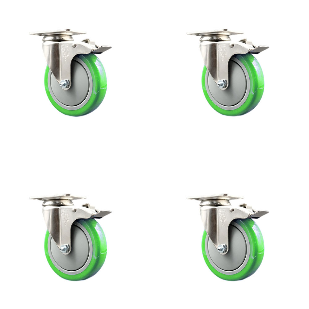 Polyurethane Swivel Top Plate Caster Set of 4 with 5 Inch Green Caster Wheels-316 Stainless Steel Caster- Includes 4 Swivel Casters with Total Lock Brake-1,400 lbs. Total Capacity-Service Caster Brand — photo 1