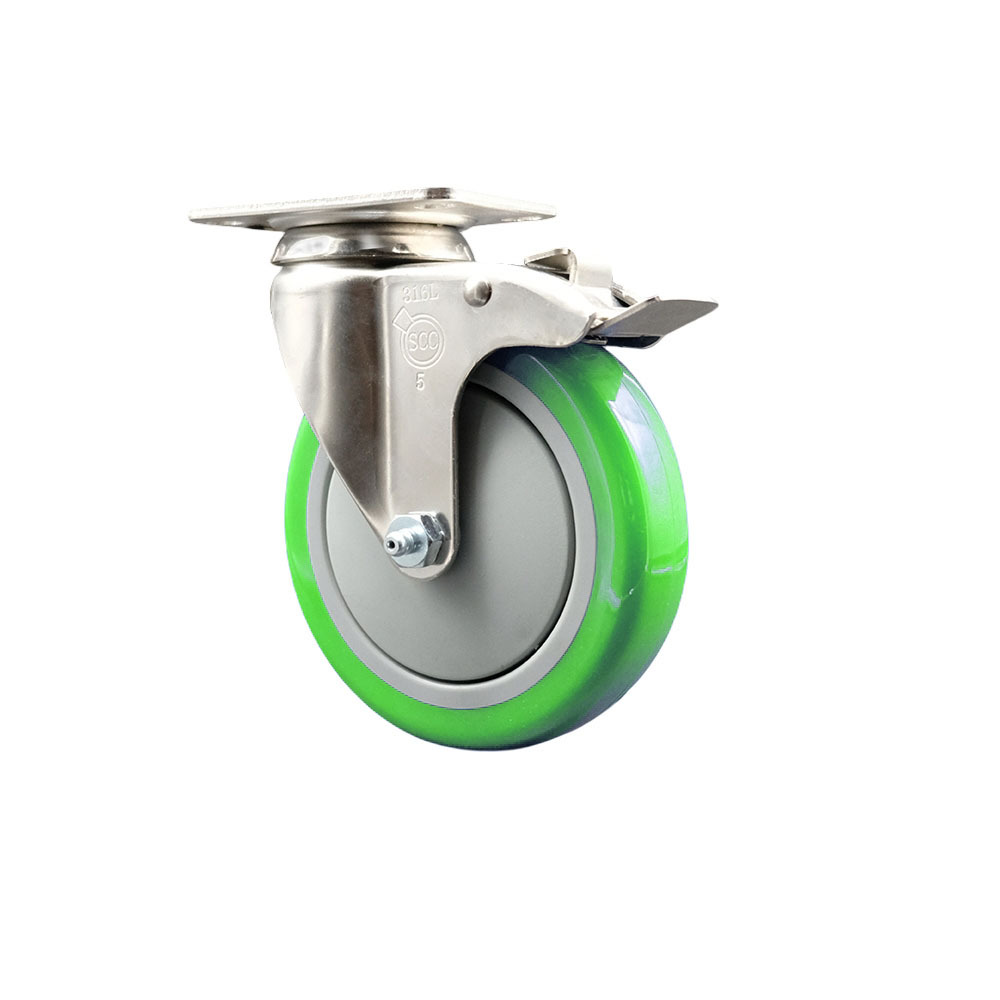 Polyurethane Swivel Top Plate Caster with 5 Inch Green Caster Wheel and Total Lock Brake - 316 Stainless Steel Caster - 350 lbs. Capacity Per Caster - Service Caster Brand — photo 1