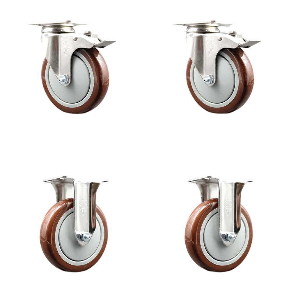 Polyurethane Swivel Top Plate Caster Set of 4 with 5 Inch Maroon Caster Wheels - 316 Stainless Steel Casters - Includes 2 Swivel with Total Lock Brakes and 2 Rigid - Service Caster Brand — photo 1
