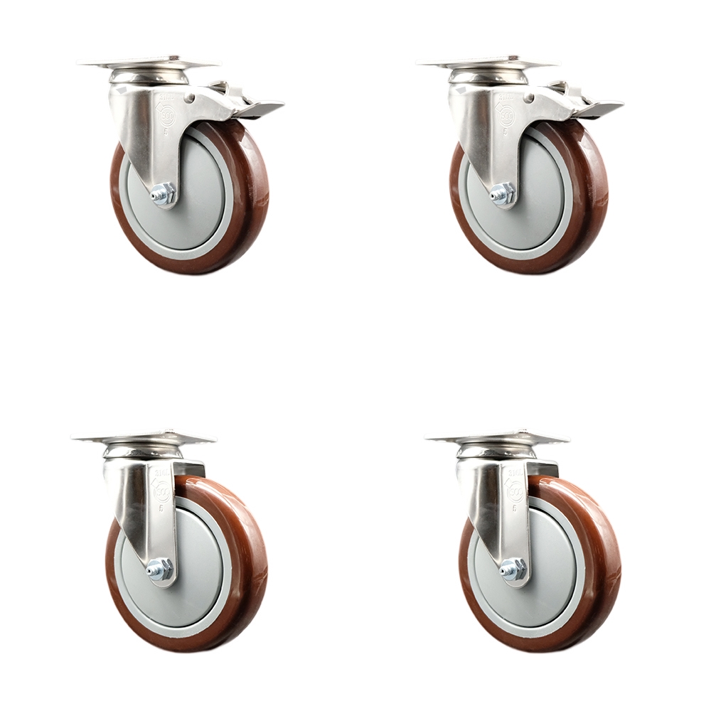 Polyurethane Swivel Top Plate Caster Set of 4 with 5 Inch Maroon Caster Wheels - 316 Stainless Steel Casters - Includes 2 Swivel with Total Lock Brakes and 2 Swivel - Service Caster Brand — photo 1