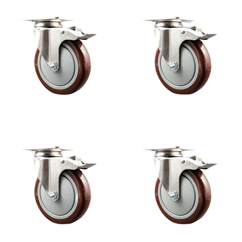 Polyurethane Swivel Top Plate Caster Set of 4 with 5 Inch Maroon Caster Wheels-316 Stainless Steel Caster-Includes 4 Swivel Casters with Total Lock Brake-1,400lbs. Total Capacity- Service Caster Brand — photo 1