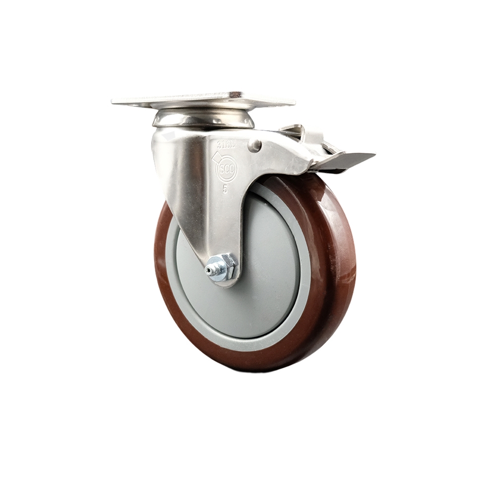 Polyurethane Swivel Top Plate Caster with 5 Inch Maroon Caster Wheel and Total Lock Brake - 316 Stainless Steel Caster - 350 lbs. Capacity Per Caster - Service Caster Brand — photo 1