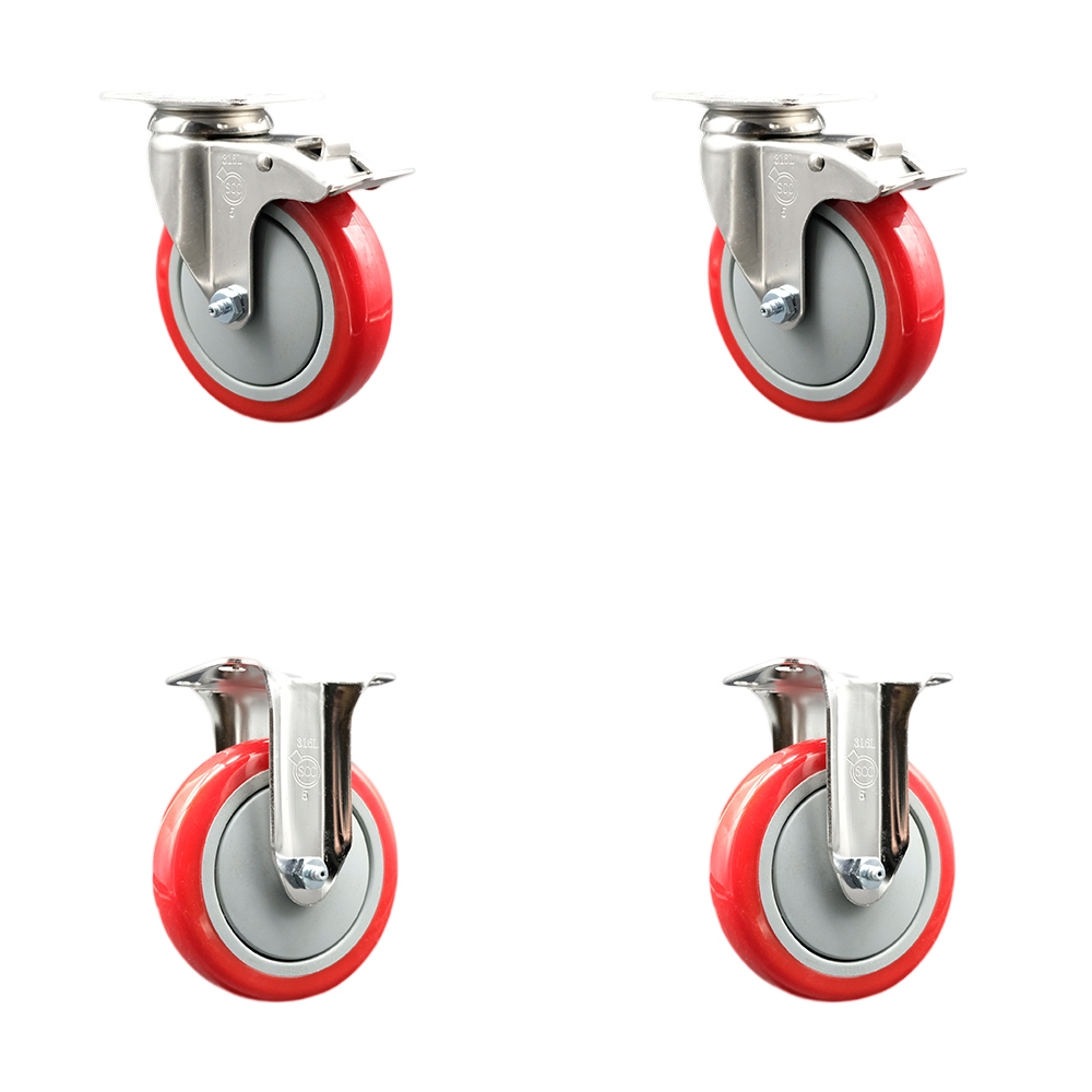 Polyurethane Swivel Top Plate Caster Set of 4 with 5 Inch Red Caster Wheels - 316 Stainless Steel Casters - Includes 2 Swivel with Total Lock Brakes and 2 Rigid - Service Caster Brand — photo 1