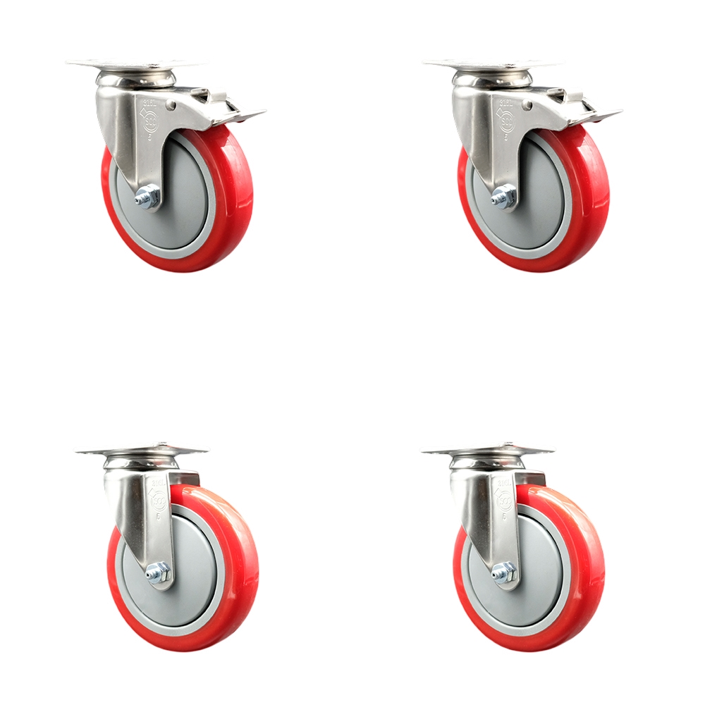 Polyurethane Swivel Top Plate Caster Set of 4 with 5 Inch Red Caster Wheels - 316 Stainless Steel Casters - Includes 2 Swivel with Total Lock Brakes and 2 Swivel - Service Caster Brand — photo 1