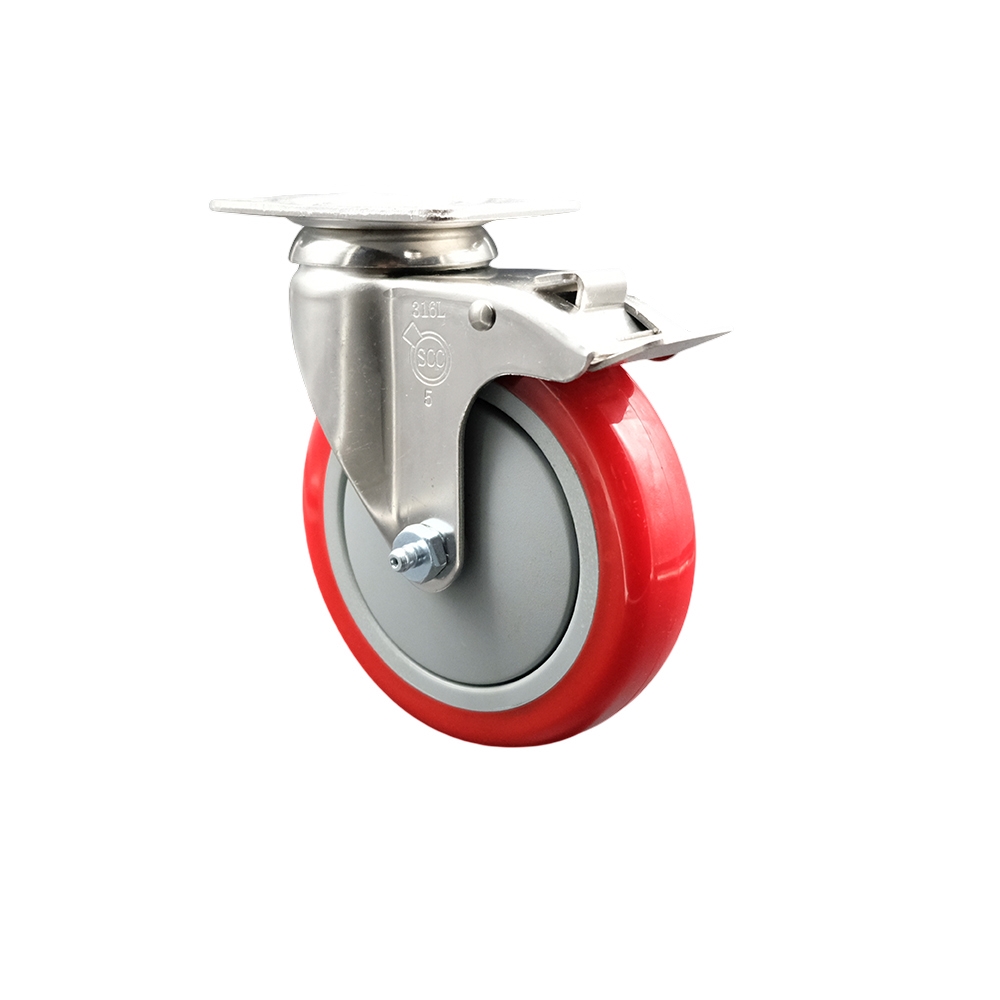Polyurethane Swivel Top Plate Caster with 5 Inch Red Caster Wheel and Total Lock Brake - 316 Stainless Steel Caster - 350 lbs. Capacity Per Caster - Service Caster Brand — photo 1