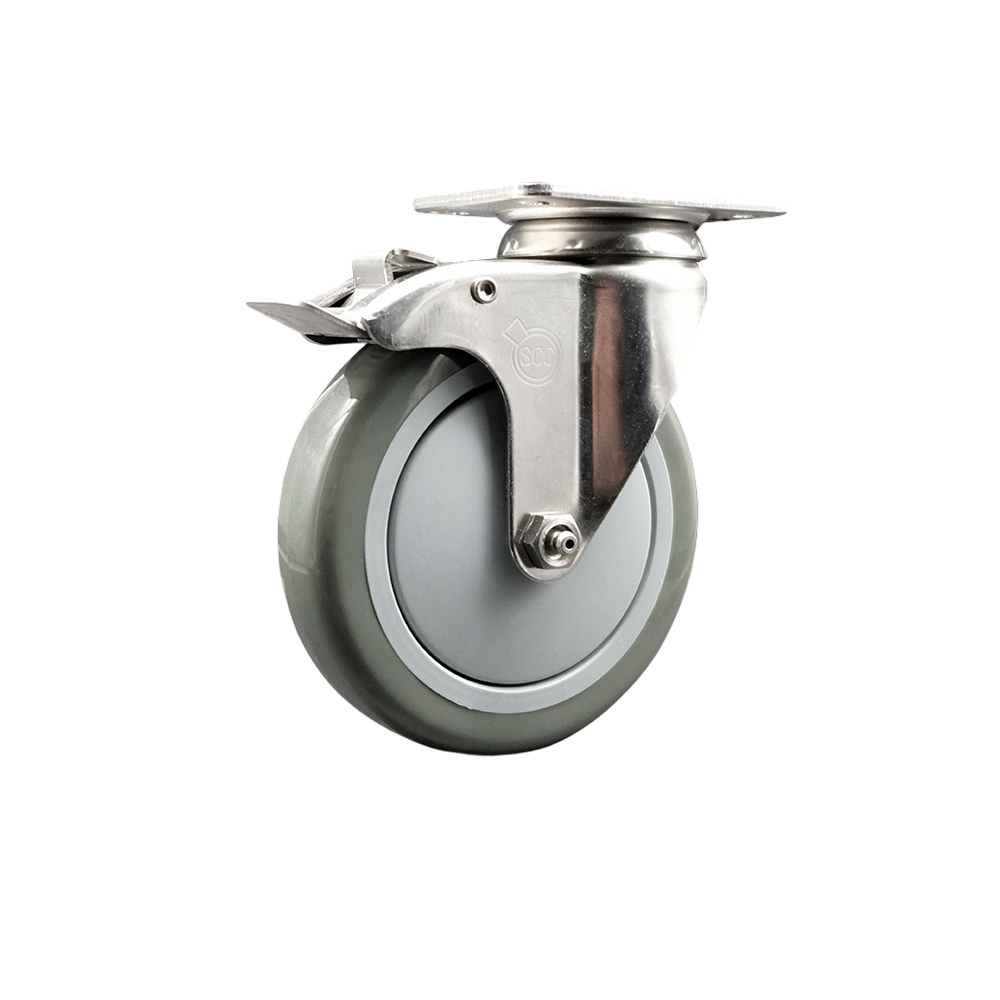 Polyurethane Swivel Top Plate Caster with 5 Inch Gray Caster Wheel and Total Lock Brake - 316 Stainless Steel Caster - 350 lbs. Capacity Per Caster - Service Caster Brand — photo 1