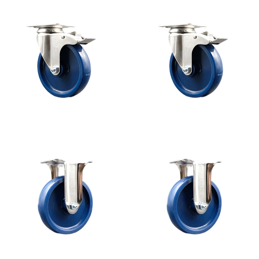 Solid Polyurethane Swivel Top Plate Caster Set of 4 with 5 Inch Blue Caster Wheels - 316 Stainless Steel Casters - Includes 2 Swivel with Total Lock Brakes and 2 Rigid - Service Caster Brand — photo 1