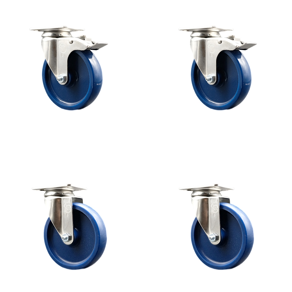 Solid Polyurethane Swivel Top Plate Caster Set of 4 with 5 Inch Blue Caster Wheels - 316 Stainless Steel Casters - Includes 2 Swivel with Total Lock Brakes and 2 Swivel - Service Caster Brand — photo 1