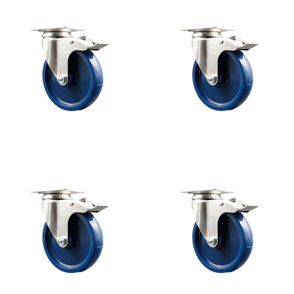 Solid Poly Swivel Top Plate Caster Set of 4 with 5 Inch Blue Caster Wheels-316 Stainless Steel Caster- Includes 4 Swivel Casters with Total Lock Brake- 1,200 lbs. Total Capacity - Service Caster Brand — photo 1