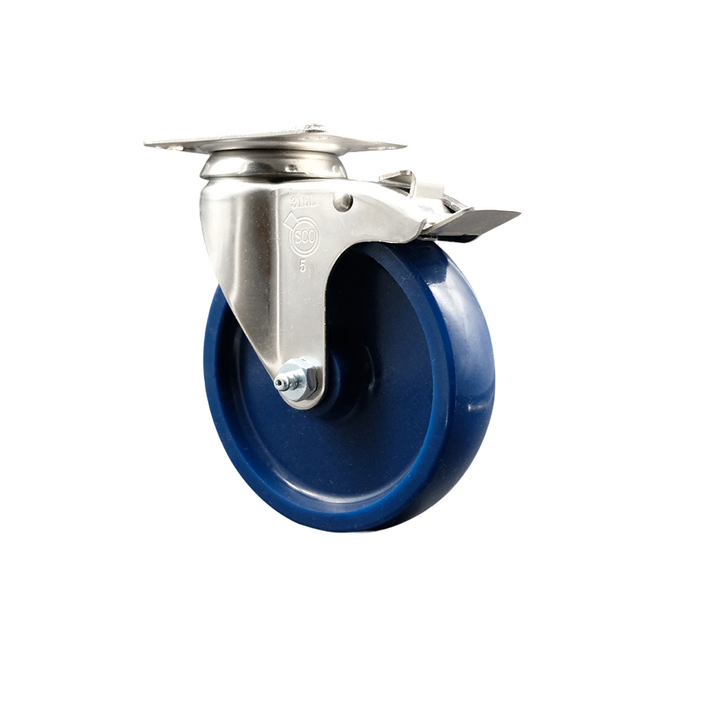 Solid Polyurethane Swivel Top Plate Caster with 5 Inch Blue Caster Wheel and Total Lock Brake - 316 Stainless Steel Caster - 300 lbs. Capacity Per Caster - Service Caster Brand — photo 1