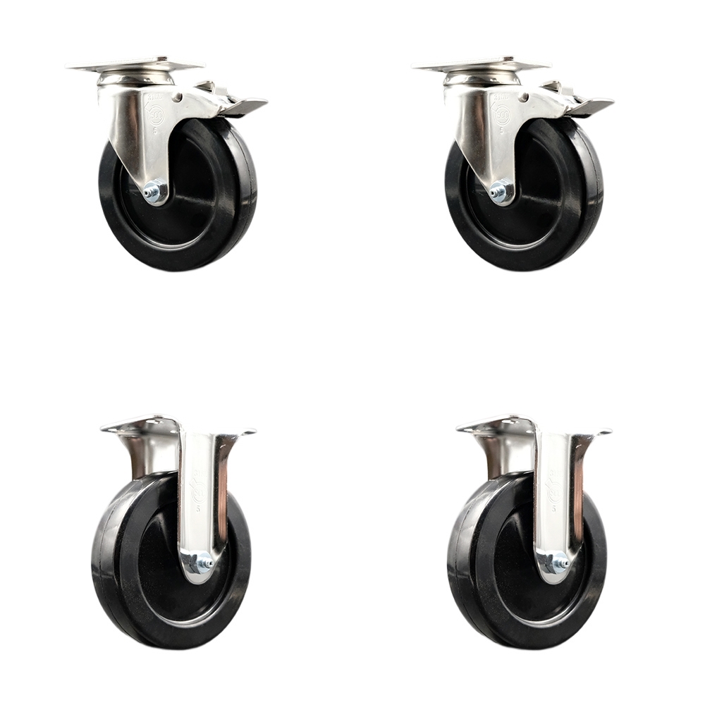 Soft Rubber Swivel Top Plate Caster Set of 4 with 5 Inch Black Caster Wheels - 316 Stainless Steel Casters - Includes 2 Swivel with Total Lock Brakes and 2 Rigid - Service Caster Brand — photo 1