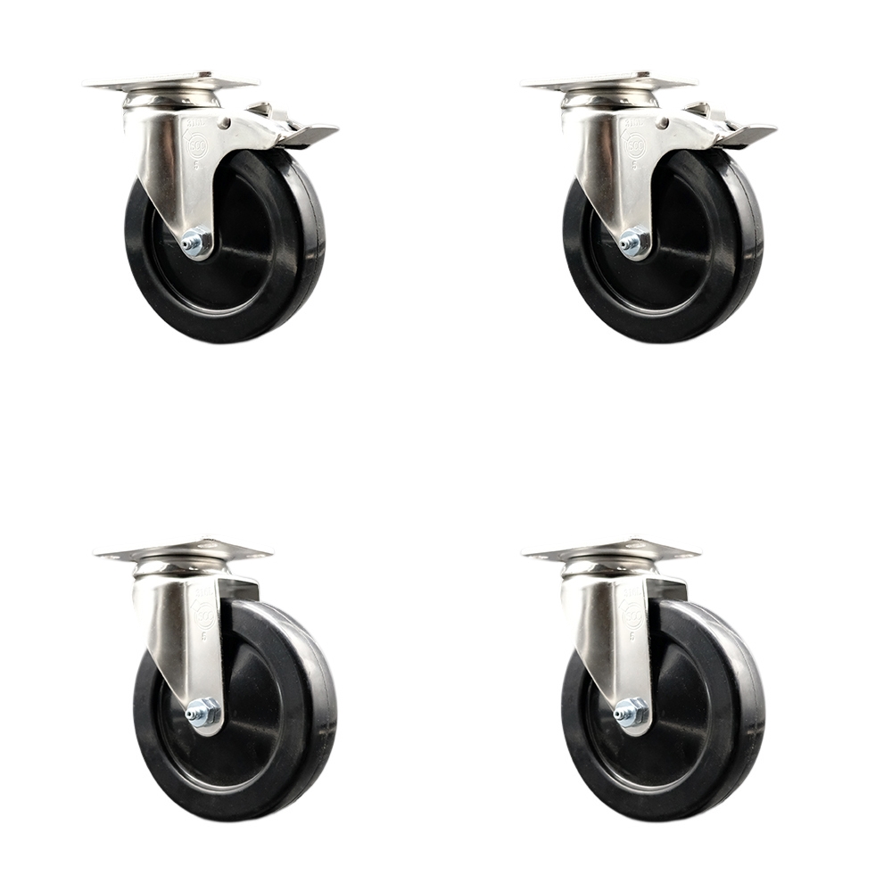Soft Rubber Swivel Top Plate Caster Set of 4 with 5 Inch Black Caster Wheels - 316 Stainless Steel Casters - Includes 2 Swivel with Total Lock Brakes and 2 Swivel - Service Caster Brand — photo 1