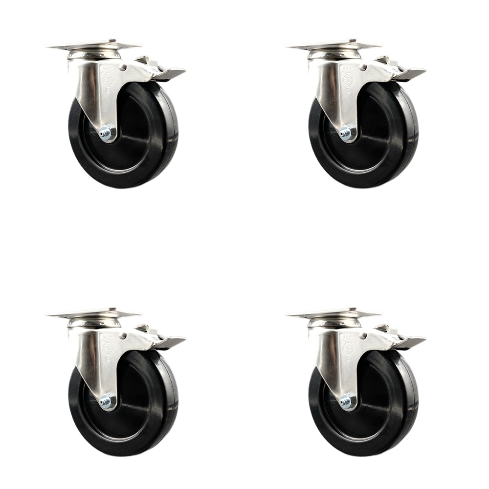 Soft Rubber Swivel Top Plate Caster Set of 4 with 5 Inch Black Caster Wheels-316 Stainless Steel Casters-Includes 4 Swivel Casters with Total Lock Brakes-1,100 lbs. Total Capacity-Service Caster Brand — photo 1