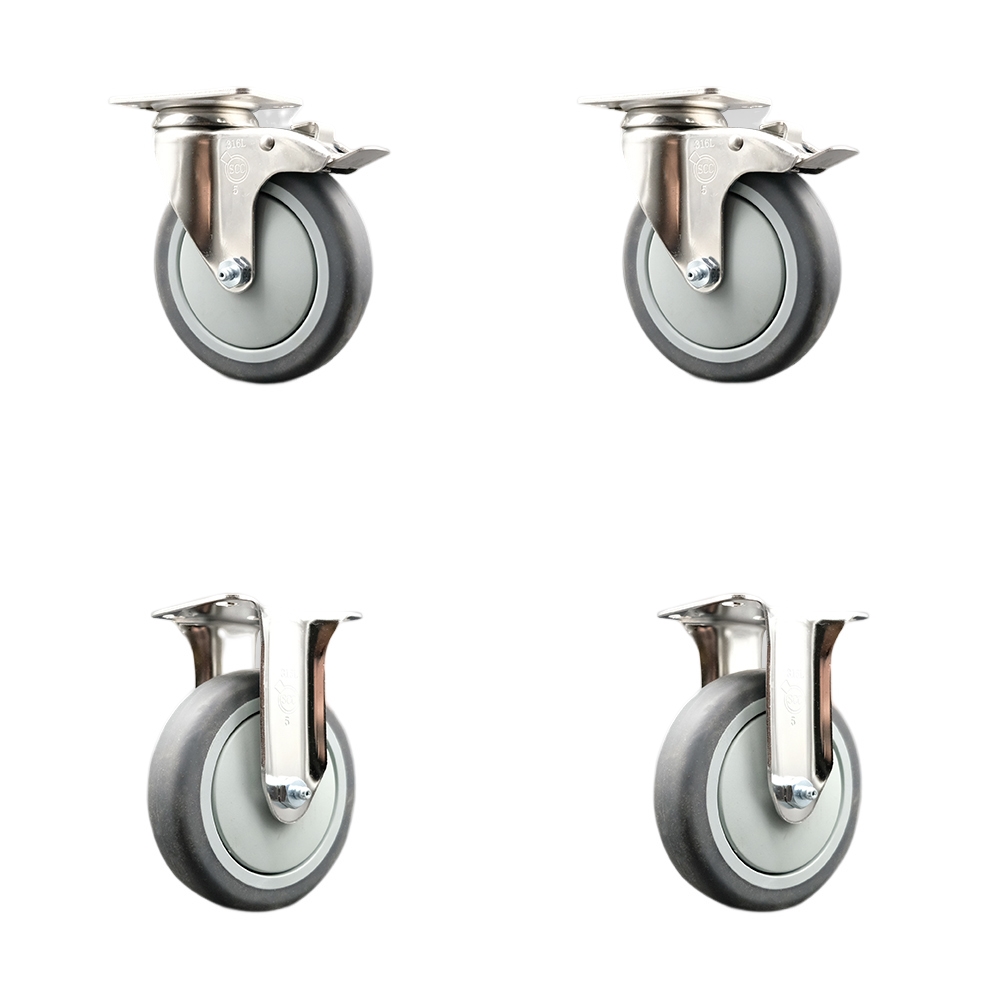Thermoplastic Rubber Swivel Top Plate Caster Set of 4 with 5 Inch Gray Caster Wheels - 316 Stainless Steel Casters - Includes 2 Swivel with Total Lock Brakes and 2 Rigid - Service Caster Brand — photo 1