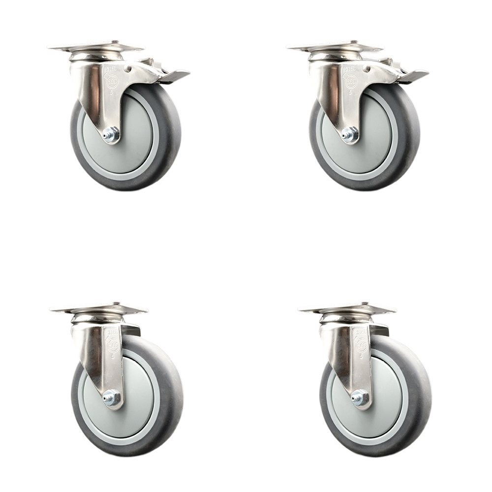Thermoplastic Rubber Swivel Top Plate Caster Set of 4 with 5 Inch Gray Caster Wheels - 316 Stainless Steel Casters - Includes 2 Swivel with Total Lock Brakes and 2 Swivel - Service Caster Brand — photo 1