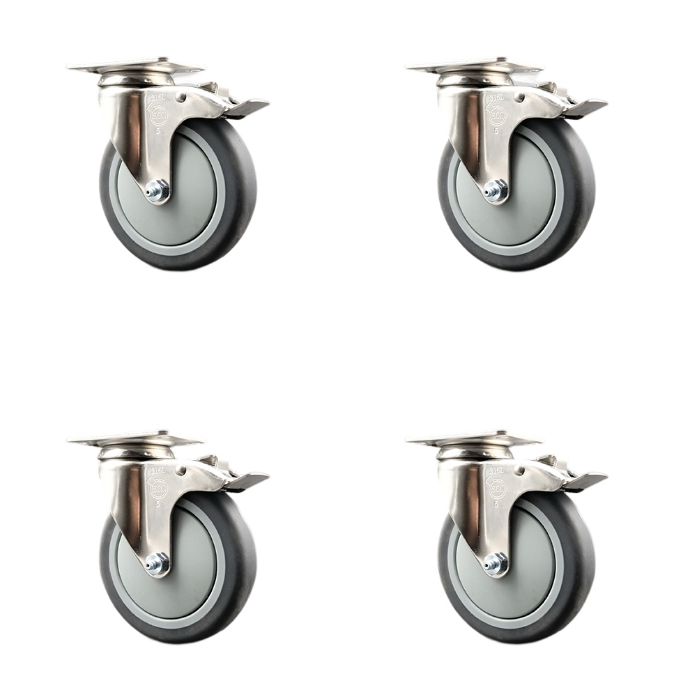 Thermoplastic Rubber Swivel Top Plate Caster Set of 4 with 5 Inch Caster Wheels-316 Stainless Steel Casters-Include 4 Swivel Casters with Total Lock Brake-1,200lbs. Total Capacity-Service Caster Brand — photo 1