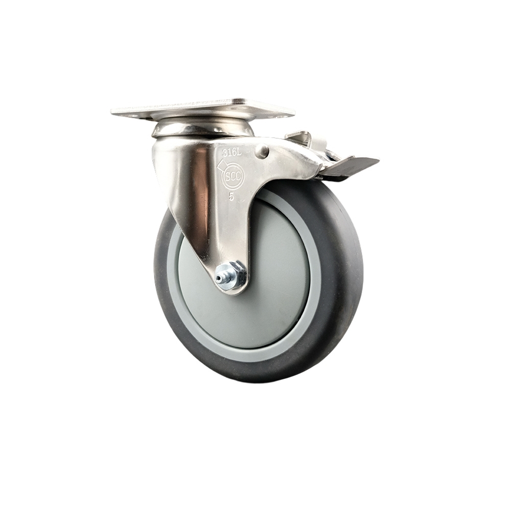 Thermoplastic Rubber Swivel Top Plate Caster with 5 Inch Gray Caster Wheel and Total Lock Brake - 316 Stainless Steel Caster - 300 lbs. Capacity Per Caster - Service Caster Brand — photo 1