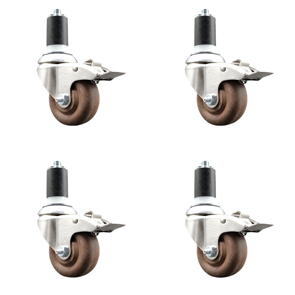 High Temp Glass Filled Nylon Swivel Stem Caster Set of 4 with 3 Inch Caster Wheels- 1-1/2" Expanding Stem-316 Stainless Steel Caster-Include 4 Swivel Casters with Total Lock Brake-Service Caster Brand — photo 1