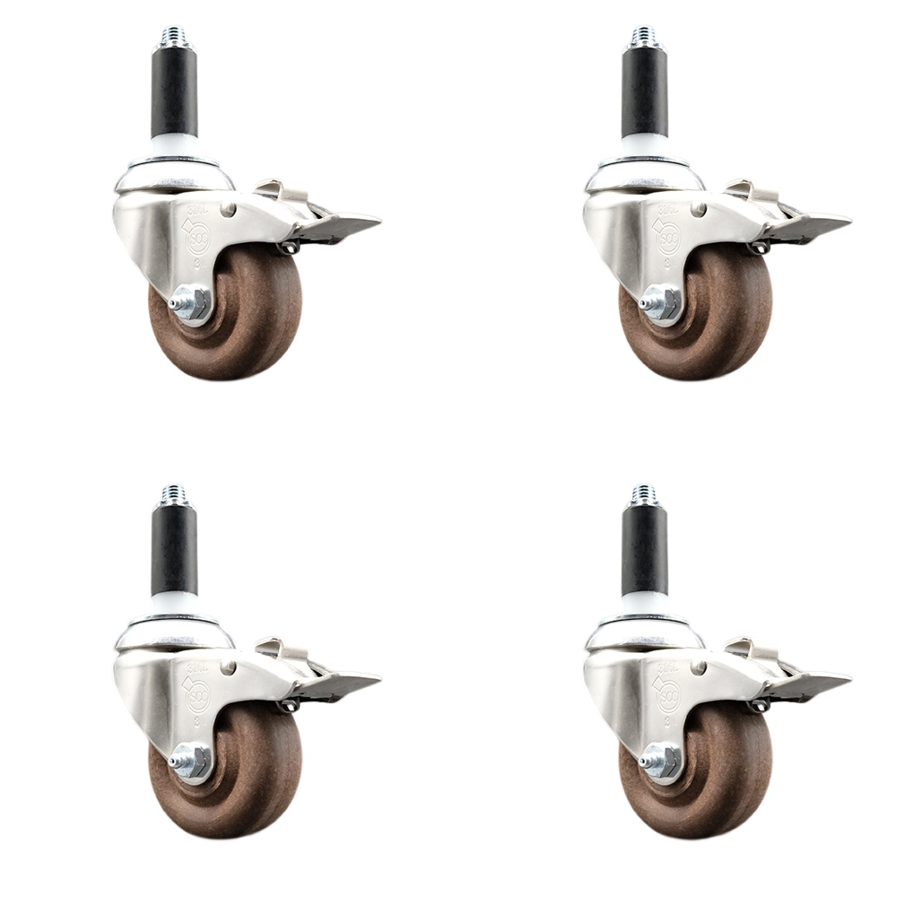 High Temp Glass Filled Nylon Swivel Stem Caster Set of 4 with 3 Inch Caster Wheels- 1-1/8" Expanding Stem-316 Stainless Steel Caster-Include 4 Swivel Casters with Total Lock Brake-Service Caster Brand — photo 1