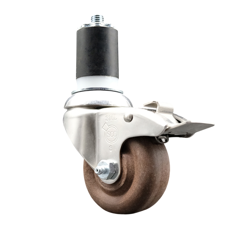 High Temp Glass Filled Nylon Swivel Stem Caster with 3.5 Inch Brown Caster Wheel and Total Lock Brake- 1-3/4" Expanding Stem-316 Stainless Steel Caster-350lbs. Capacity Per Caster-Service Caster Brand — photo 1