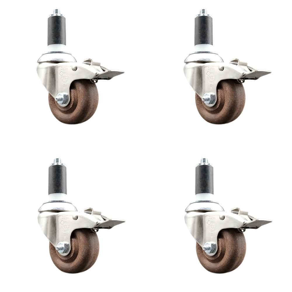 High Temp Glass Filled Nylon Swivel Stem Caster Set of 4 with 3 Inch Caster Wheels- 1-3/8" Expanding Stem-316 Stainless Steel Caster-Include 4 Swivel Casters with Total Lock Brake-Service Caster Brand — photo 1