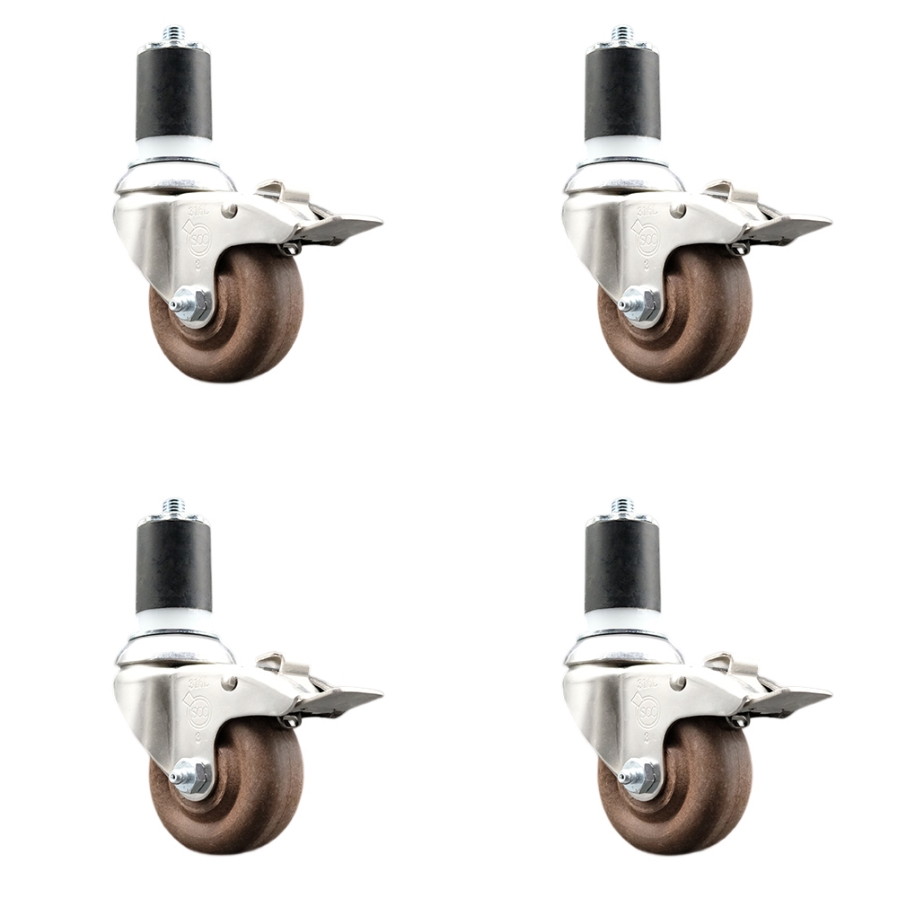 High Temp Glass Filled Nylon Swivel Stem Caster Set of 4 with 3 Inch Caster Wheels- 1-7/8" Expanding Stem-316 Stainless Steel Caster-Include 4 Swivel Casters with Total Lock Brake-Service Caster Brand — photo 1