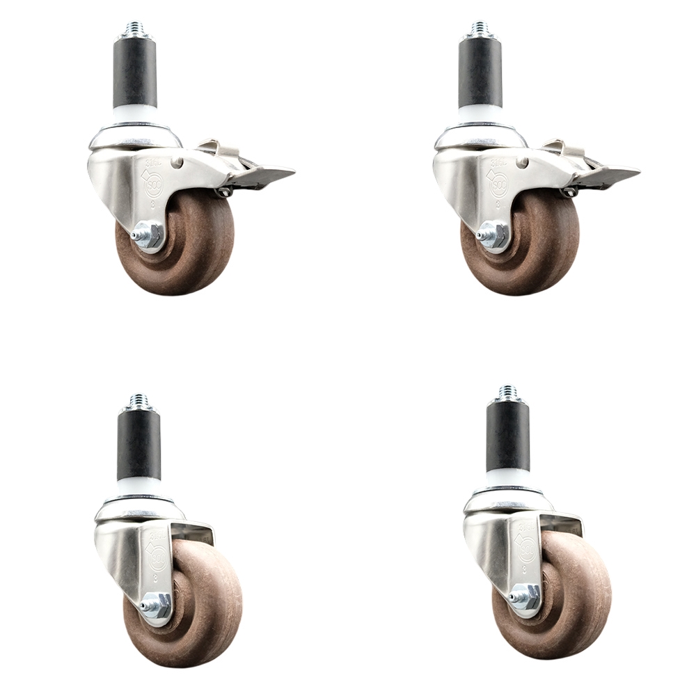 High Temp Glass Filled Nylon Swivel Stem Caster Set of 4 with 3 Inch Caster Wheel-1-1/4" Expanding Stem-316 Stainless Steel Caster-Include 2 Swivel with Total Lock Brake& 2 Swivel-Service Caster Brand — photo 1
