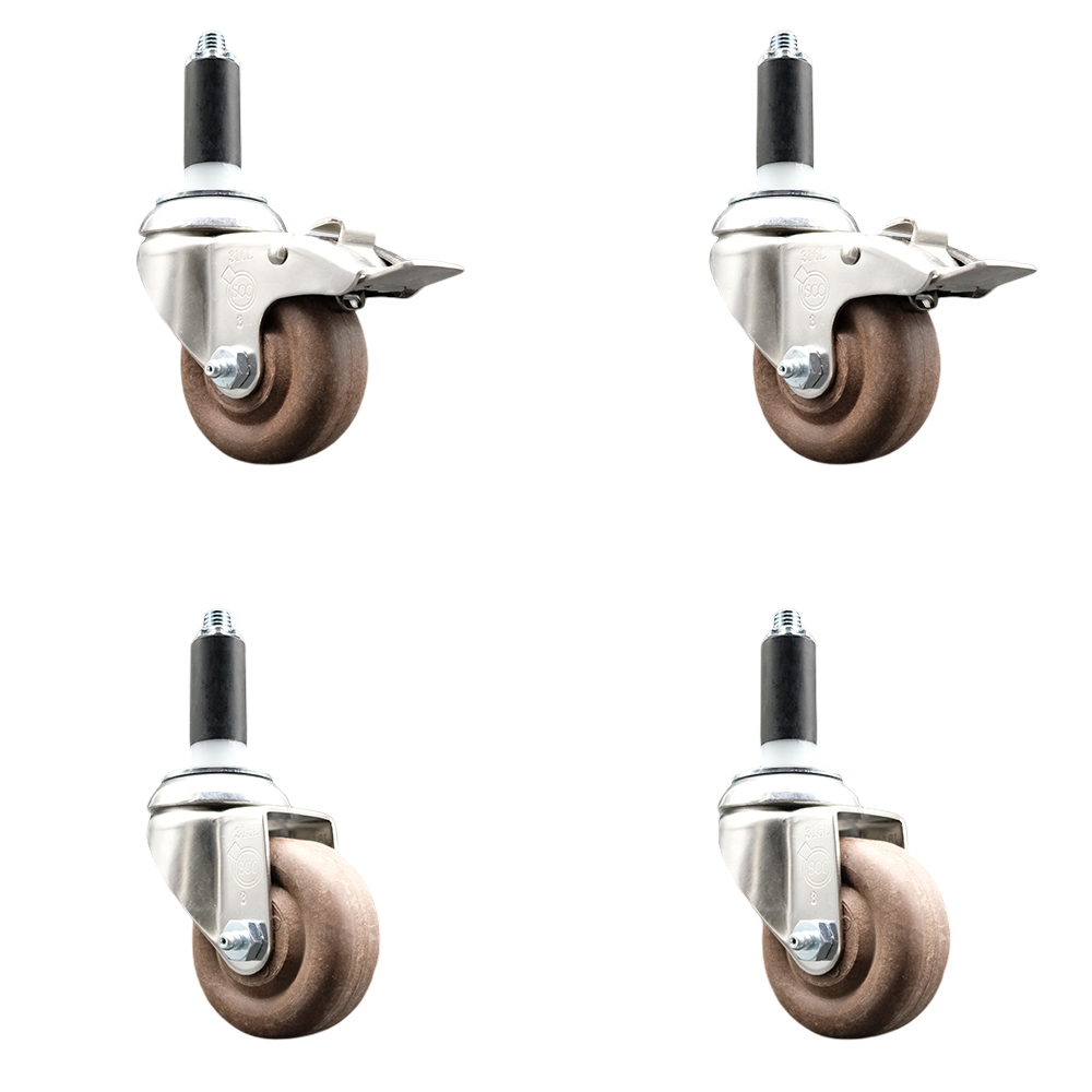 High Temp Glass Filled Nylon Swivel Stem Caster Set of 4 with 3 Inch Caster Wheel-1-1/8" Expanding Stem-316 Stainless Steel Caster-Include 2 Swivel with Total Lock Brake& 2 Swivel-Service Caster Brand — photo 1