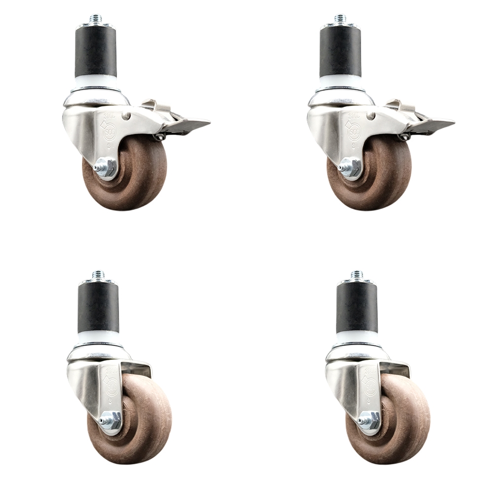 High Temp Glass Filled Nylon Swivel Stem Caster Set of 4 with 3 Inch Caster Wheel-1-3/4" Expanding Stem-316 Stainless Steel Caster-Include 2 Swivel with Total Lock Brake& 2 Swivel-Service Caster Brand — photo 1