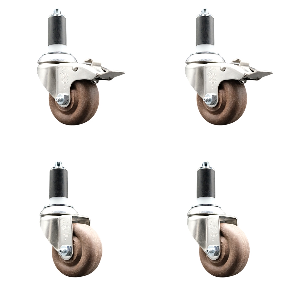 High Temp Glass Filled Nylon Swivel Stem Caster Set of 4 with 3 Inch Caster Wheel-1-3/8" Expanding Stem-316 Stainless Steel Caster-Include 2 Swivel with Total Lock Brake& 2 Swivel-Service Caster Brand — photo 1