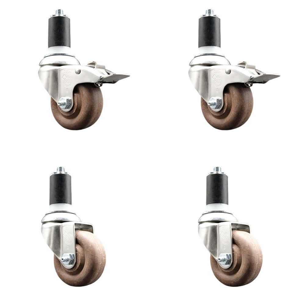 High Temp Glass Filled Nylon Swivel Stem Caster Set of 4 with 3.5 Inch Caster Wheel-1-5/8" Expanding Stem-316 Stainless Steel Caster-Include 2 Swivel with Total Lck Brake&2 Swivel-Service Caster Brand — photo 1