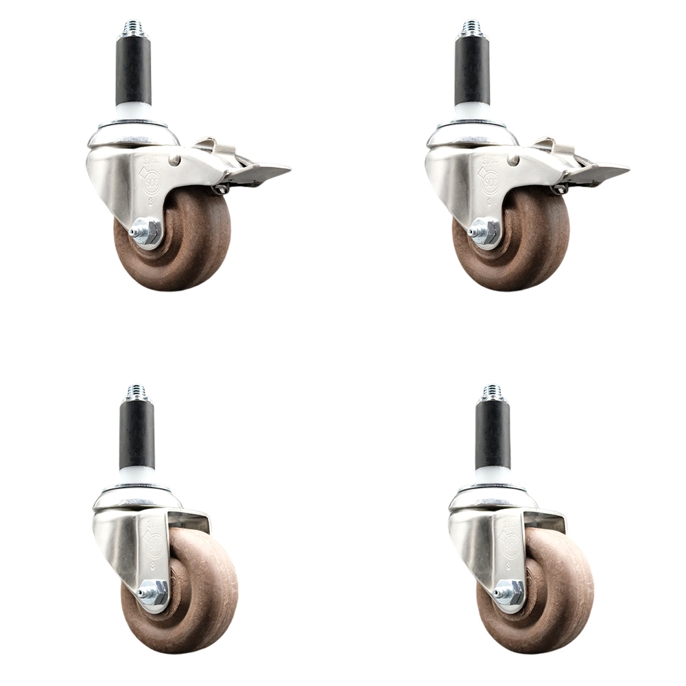 High Temp Glass Filled Nylon Swivel Stem Caster Set of 4 with 3.5 Inch Caster Wheel-1" Expanding Stems-316 Stainless Steel Casters-Includes 2 Swivel with Total Lock Brake&2 Swivel-Service Caster Brand — photo 1