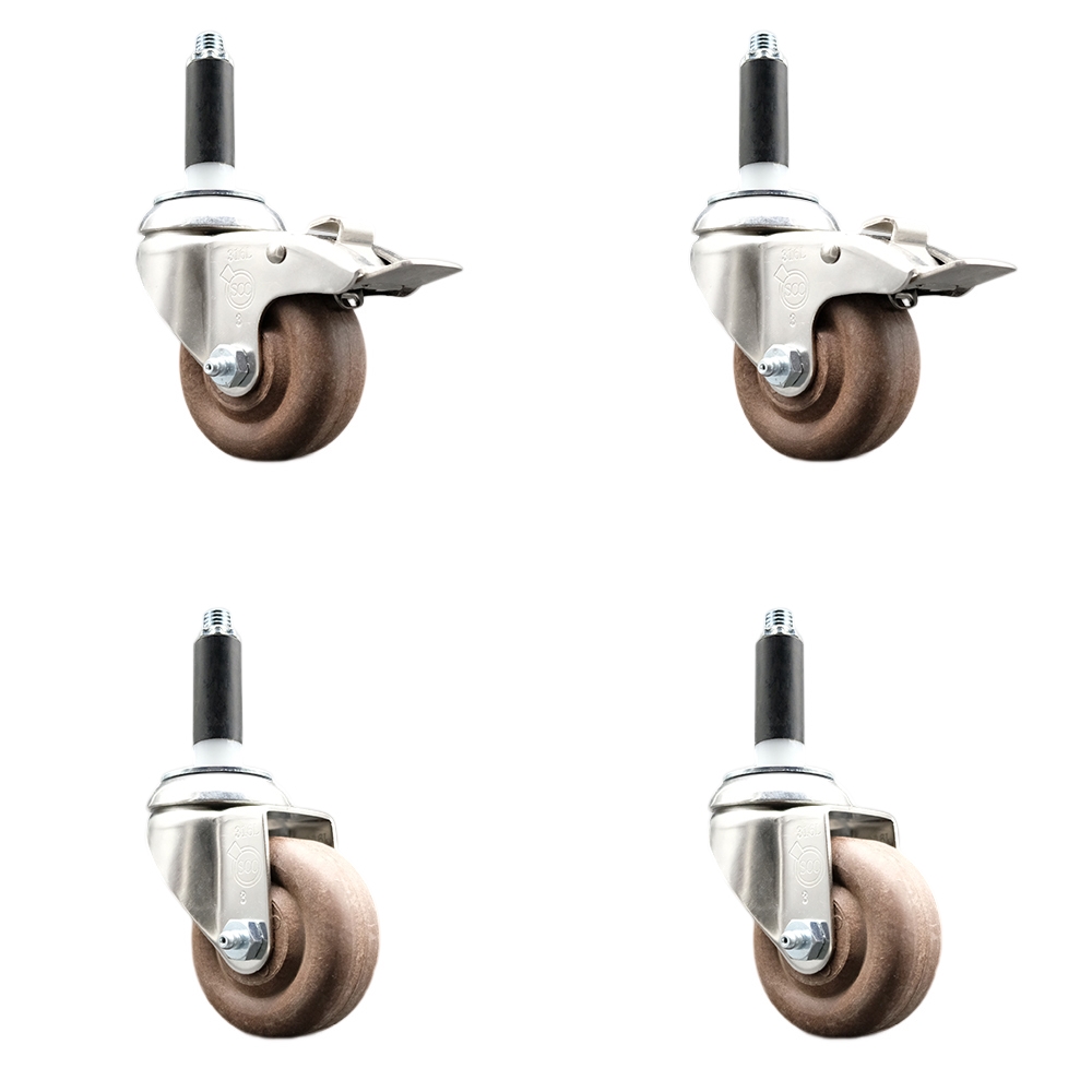 High Temp Glass Filled Nylon Swivel Stem Caster Set of 4 with 3 Inch Caster Wheel-3/4" Expanding Stems-316 Stainless Steel Casters-Includes 2 Swivel with Total Lock Brake&2 Swivel-Service Caster Brand — photo 1