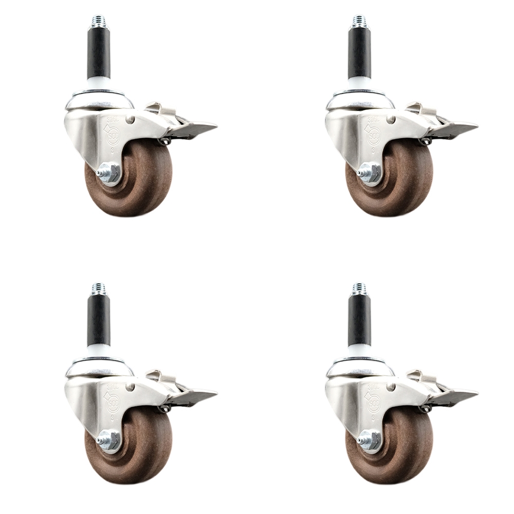 High Temp Glass Filled Nylon Swivel Stem Caster Set of 4 with 3 Inch Caster Wheels - 3/4" Expanding Stem-316 Stainless Steel Caster-Includes 4 Swivel Casters with Total Lock Brake-Service Caster Brand — photo 1