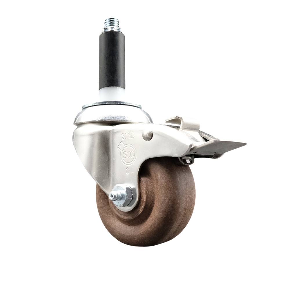 High Temp Glass Filled Nylon Swivel Stem Caster with 3.5 Inch Brown Caster Wheel and Total Lock Brake - 7/8" Expanding Stem-316 Stainless Steel Caster-350 lbs. Capacity Per Caster-Service Caster Brand — photo 1