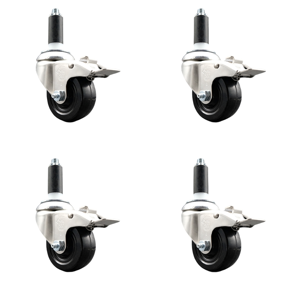 Soft Rubber Swivel Stem Caster Set of 4 with 3 Inch Caster Wheels - 1" Expanding Stems - 316 Stainless Steel Casters - Includes 4 Swivel Casters with Total Lock Brakes - Service Caster Brand — photo 1