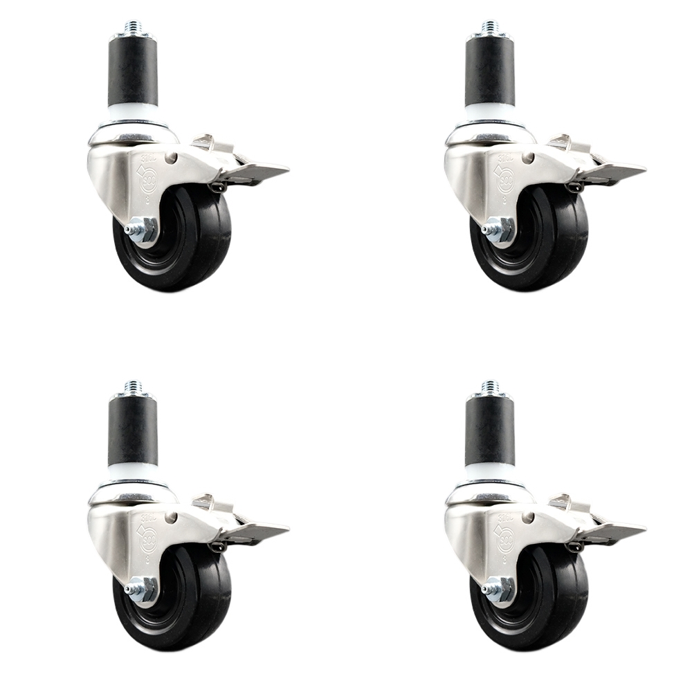 Hard Rubber Swivel Stem Caster Set of 4 with 3.5 Inch Caster Wheels - 1-1/2" Expanding Stems - 316 Stainless Steel Casters - Includes 4 Swivel Casters with Total Lock Brakes - Service Caster Brand — photo 1