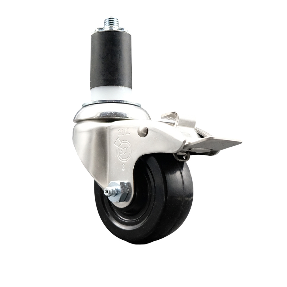 Soft Rubber Swivel Stem Caster with 3 Inch Black Caster Wheel and Total Lock Brake - 1-1/2" Expanding Stem - 316 Stainless Steel Caster - 175 lbs. Capacity Per Caster - Service Caster Brand — photo 1