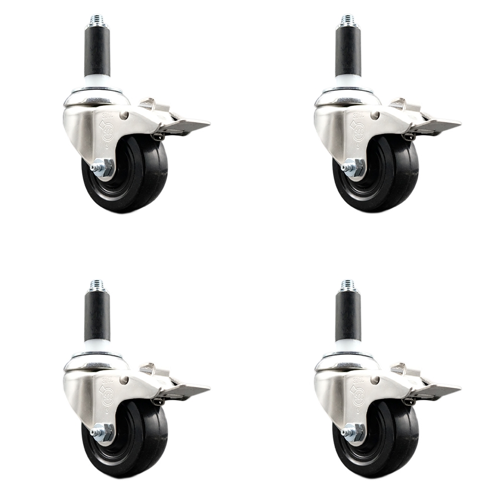 Soft Rubber Swivel Stem Caster Set of 4 with 3.5 Inch Caster Wheels - 1-1/8" Expanding Stems - 316 Stainless Steel Casters - Includes 4 Swivel Casters with Total Lock Brakes - Service Caster Brand — photo 1